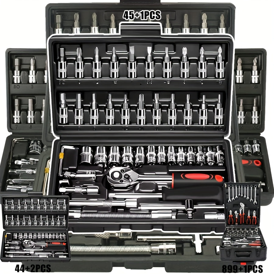 High-end Professional 45+1/44+2/898+1-piece Tool Set, Auto/bicycle Repair Machinery Kit, 1/2 Inch *1/4 Inch 3/8 Inch Drive Depth And Standard Wrench Set, Race-grade Auto Parts Repair Ratchet Wrench...