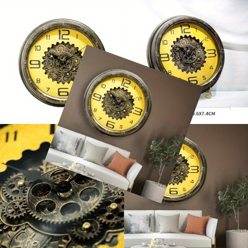 16 Inch Movable Gear Wall Clock - Golden Vintage Industrial Punk Design, Wireless Battery-Powered Silent Quartz Movement, No Ticking, Easy to Read Large Numbers, Decorative Functional Clock for Living Room, Bedroom, Office, Workshop - Unique Gift Idea