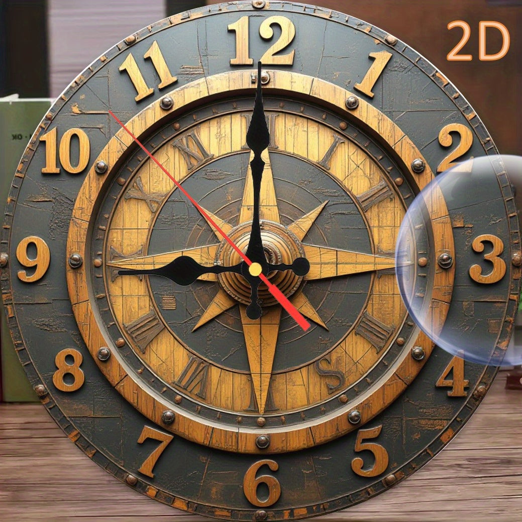 14 Inch Vintage Rustic Nautical Compass Wall Clock - Distressed Dark Grey & Golden Wood, Silent Quartz Movement, 2D Wall-Mounted Home Decor for Living Room, Office, Bedroom, Vintage Home Decor