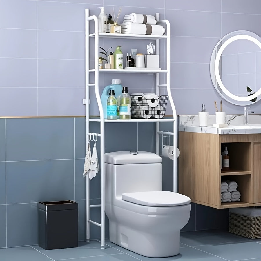 3-Tier Over-The-Toilet Storage Rack - Sturdy Metal Freestanding Bathroom Organizer with Roll Paper Holder & Hooks, Space-Saving Black Classic Design, Easy Assembly Bathroom Furniture, Bathroom Stor...
