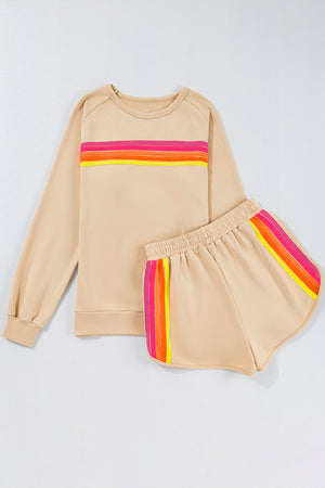 Apricot Striped Accent Pullover And Shorts Two Piece Casual Set
