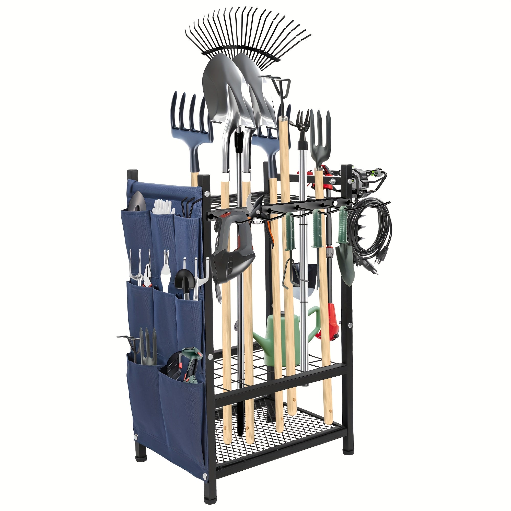 Heavy-Duty Metal Garden Tool Organizer Rack with Storage Bags - 35-Inch Long-Handled Tool Holder for Broom, Shovel, Rake - 3-Tier Outdoor Garage & Yard Storage Shelf, Black, Spacious Shelf Design, ...