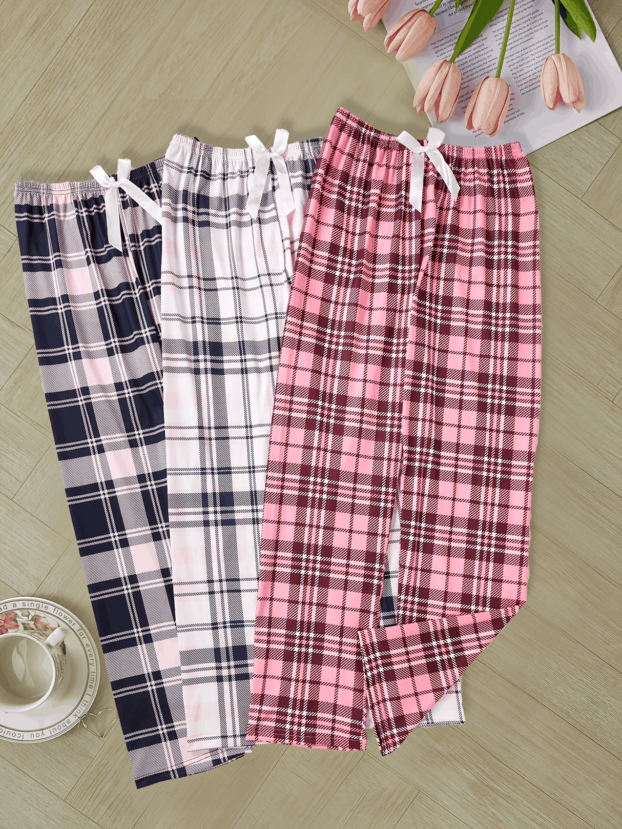 3-Piece Women's Plaid Pants Set - Casual Comfort, Suitable for All Seasons