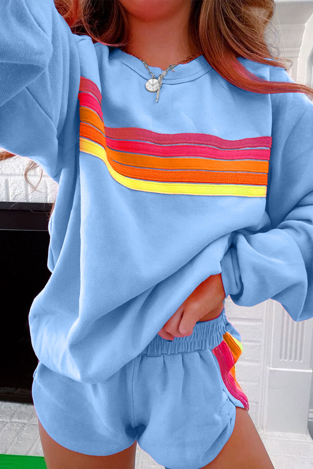 Beau Blue Accent Pullover And Shorts Two Piece Casual Set