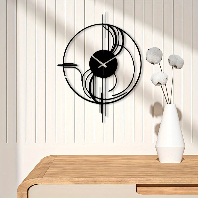 1pc Black Circle Abstract Metal Wall Clock - Vintage Iron Decor, Powder-Coated Finish, Ideal for Living Room or Home Office, Perfect Gift for Mother'S Day, Family Gatherings, and Holiday Decorations, Wall Clock Living Room