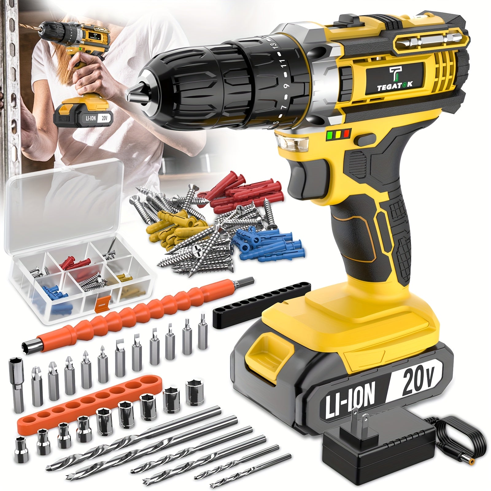 20V Cordless Drill Set, Impact Power Drill with 3/8 Inch Keyless Chuck, 18+3 Clutch Electric Drill with Work Light, Max Torque 45Nm, 2-Variable Speed & 2.0AH Batteries And Fast Charger, Bits Set...