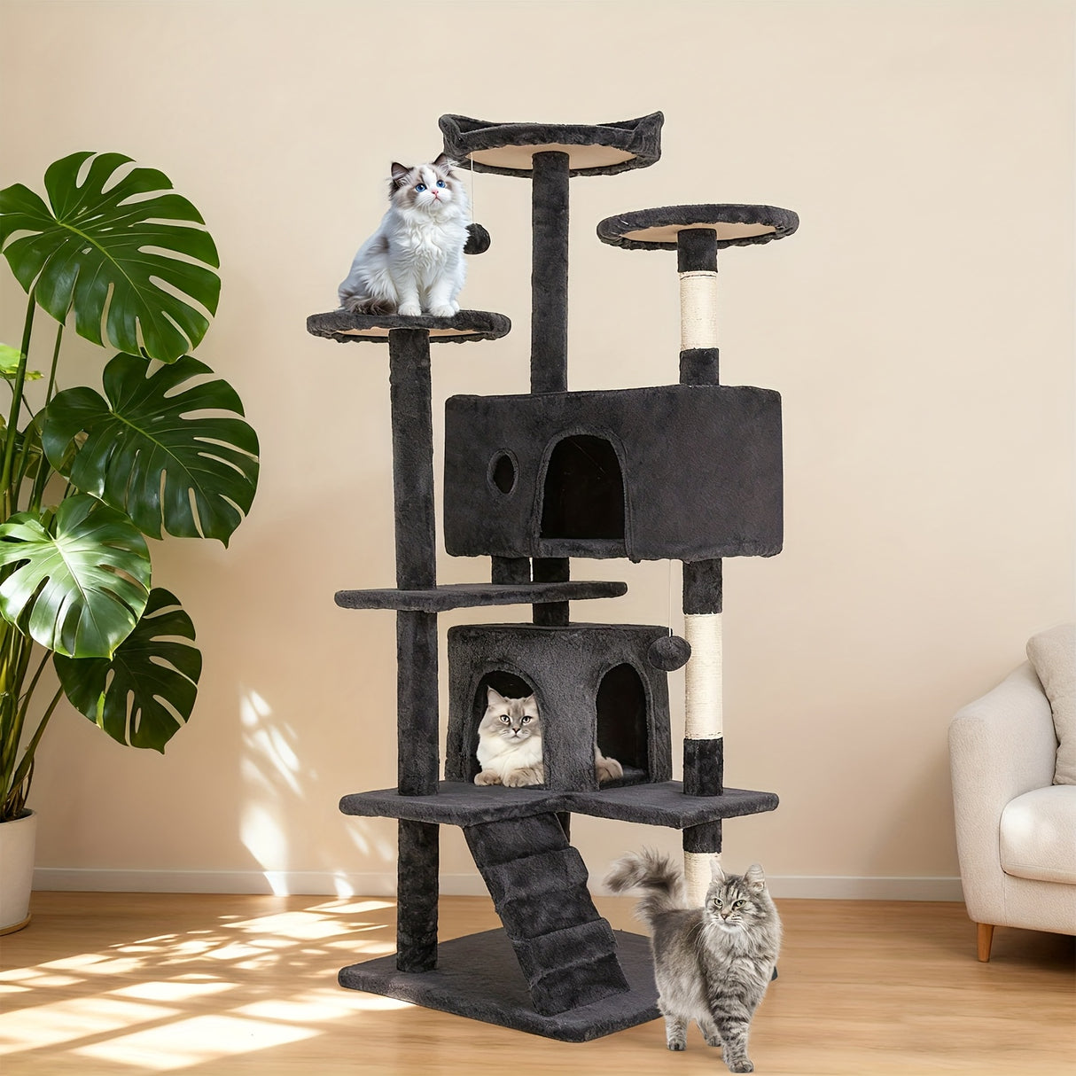 Multi-Level Cat Tree Tower - 54/70", Durable Plywood, Space-Saving, Scratching Posts, Cozy Condos, Fun Jumping Platforms