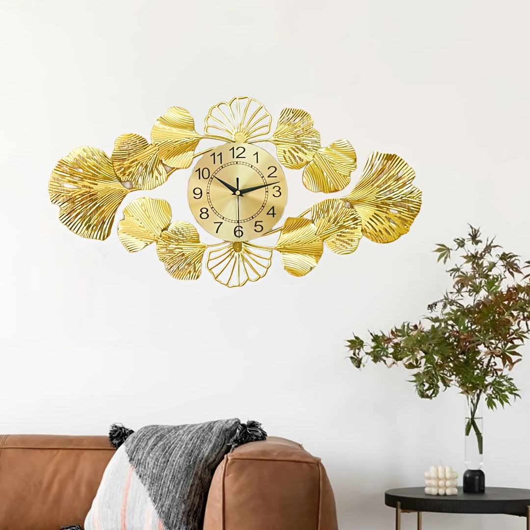 1pc Silent Metal Wall Clock with Ginkgo Leaf Design, Modern Minimalist Creative Clock, Suitable for Home Decor, Bedroom, Living Room, Dining Room, Kitchen, Office, Christmas Decoration, AA Battery Powered, Batteries Not Included