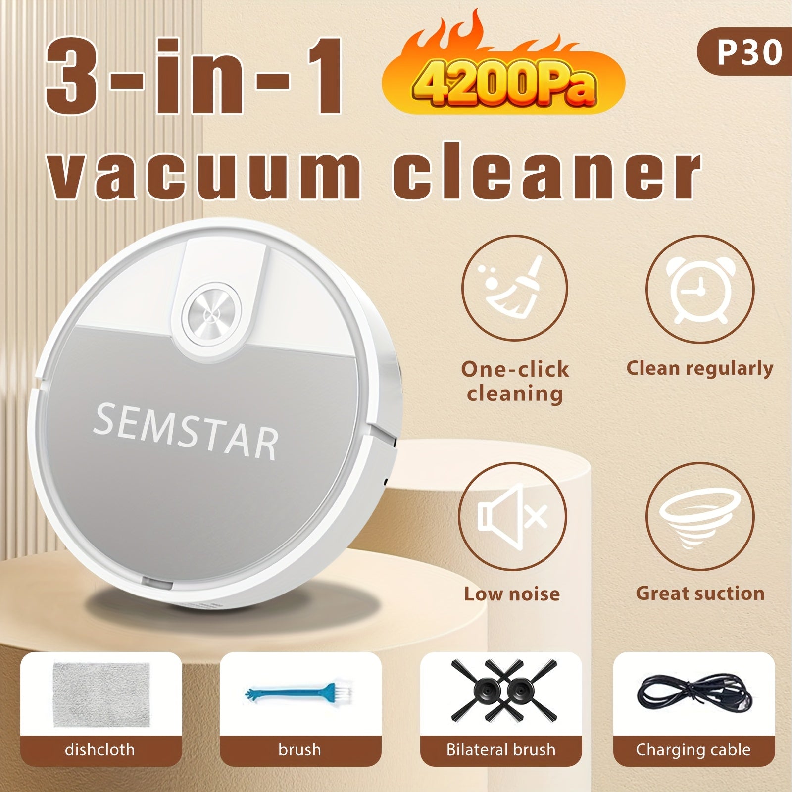 Robot Vacuum Cleaner, 3-in-1, Sweeping, Mopping, And Vacuuming All In One, 4, 000 Pa Powerful Suction, Up to 90mins Runtim, Low Noisesuitable for Hard Floors, Flatmarble Tiles And Wood Floor, Dorm...