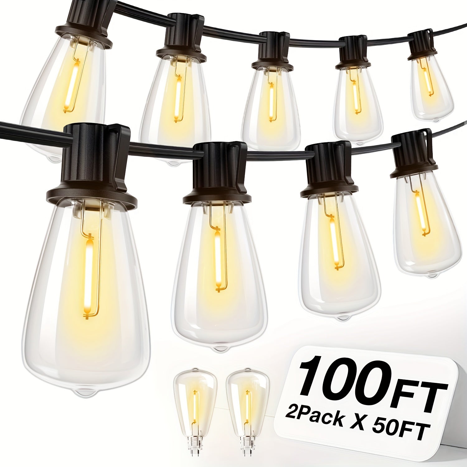 50FT 100FT 150FT 200FT Waterproof LED Outdoor String Lights - ETL Listed, Shatterproof ST38 Bulbs, Dimmable & Connectable, Warm White for Garden, Porch, Patio, Balcony, Backyard, Party & Holiday Gi...