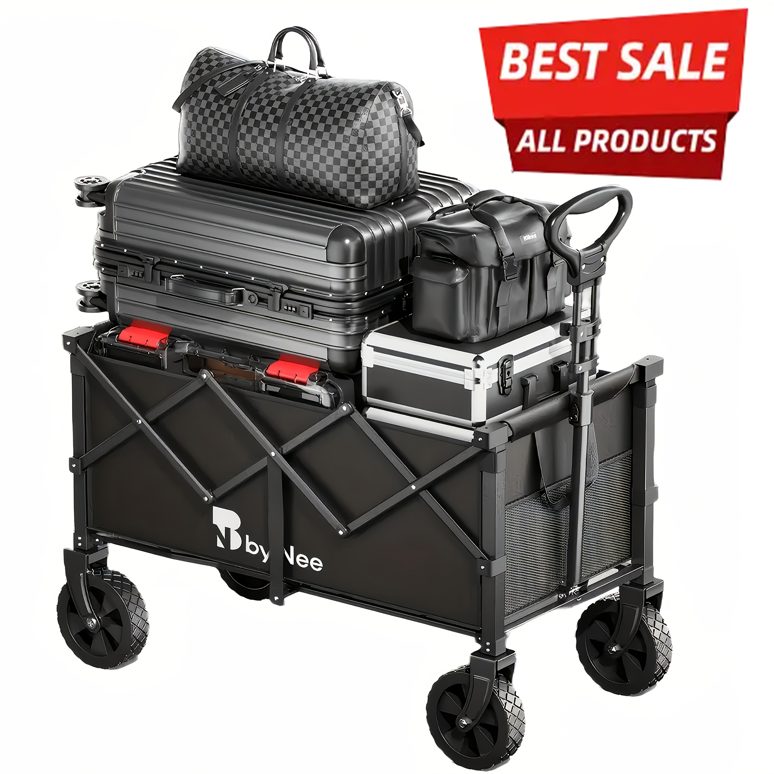 Collapsible Folding Wagon Cart, Large Capacity Camping Wagon, All Terrain Foldable Wagon, Heavy Duty Utility Wagon Cart For Grocery Outdoor Beach Gardening Shopping Fishing Black