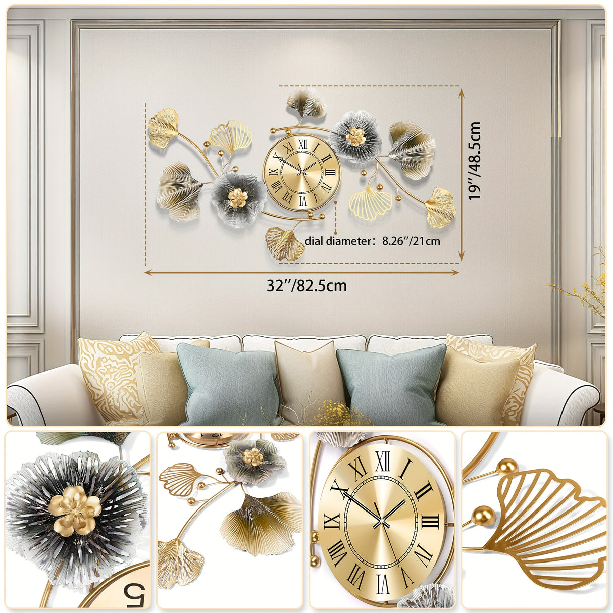 Wall Clocks for Living Room Decor, Large Wall Clock, 3D Creative Metal Ginkgo Leaf Design, with Silent Movement Wall Clocks for Home Wall Decor Clock