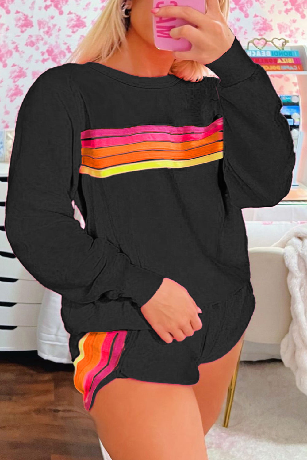 Black Striped Accent Pullover And Shorts Two Piece Casual Set