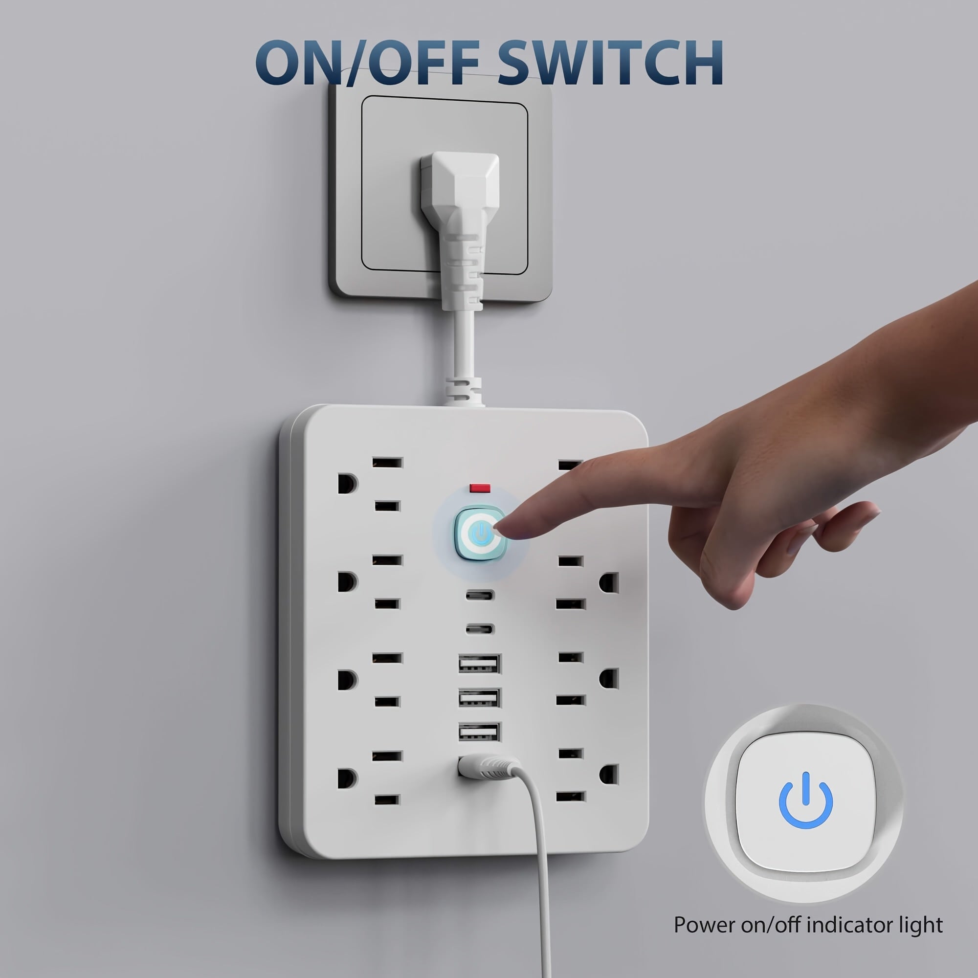 1pc 14-In-1 Power Strip With Overload Protection And Switch, 8 AC Outlets, 4 USB-A Ports And 2 Type-C Adapters - Multi Plug Wall Surge Protector, Ldeal For Office, Home, And Travel, White And Black