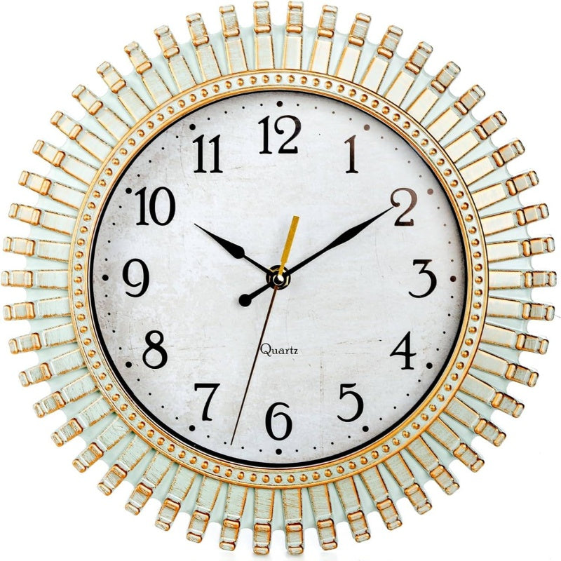 12 Inch Retro Wall Clock - Silent Non-Ticking Quartz Movement, Aqua Green & Golden Large Round Vintage Clock with White Face, Black Hands & Roman Numerals - Battery Operated for Living Room, Bedroom, Kitchen, Office - Antique