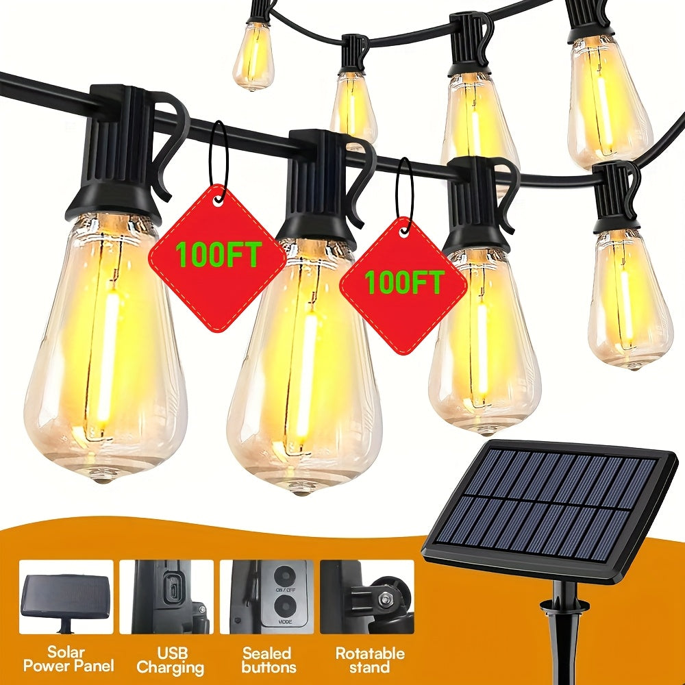 Solar Lights Outdoor Waterproof, 100ft/50ft LED String Lights with Shatterproof ST38 Dimmable Globe Bulb, Strong-Weak-Flash-Breath 4 Modes, Solar Outdoor Lights for Yard, Pool, Camping, Decor...