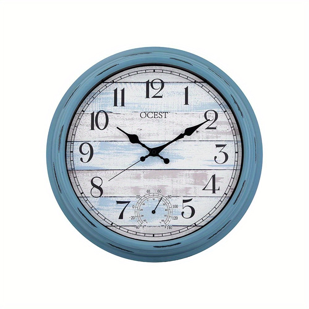 16" Blue Large Indoor Outdoor Clock - Vintage Wall Clocks with Thermometer for Patio Pool Garden Living Room Home Decor