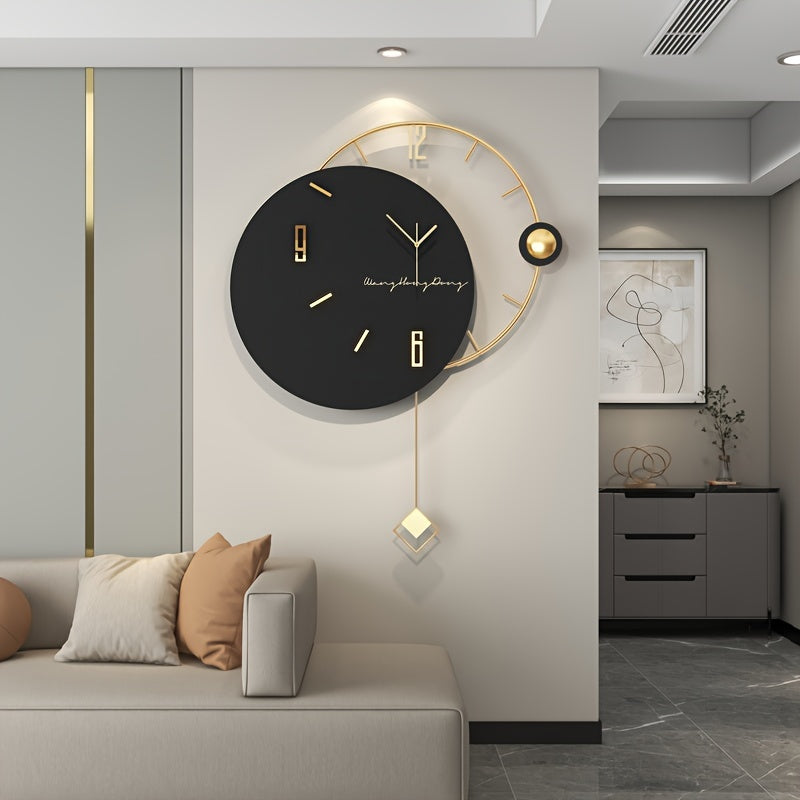 1pc Large Decorative Quartz Clock For Home, With Silent Swinging Without Ticking Sound, Made Of Metal And Wood, Suitable For Indoor Living Room/bedroom/office/decorative Clock Home Decor