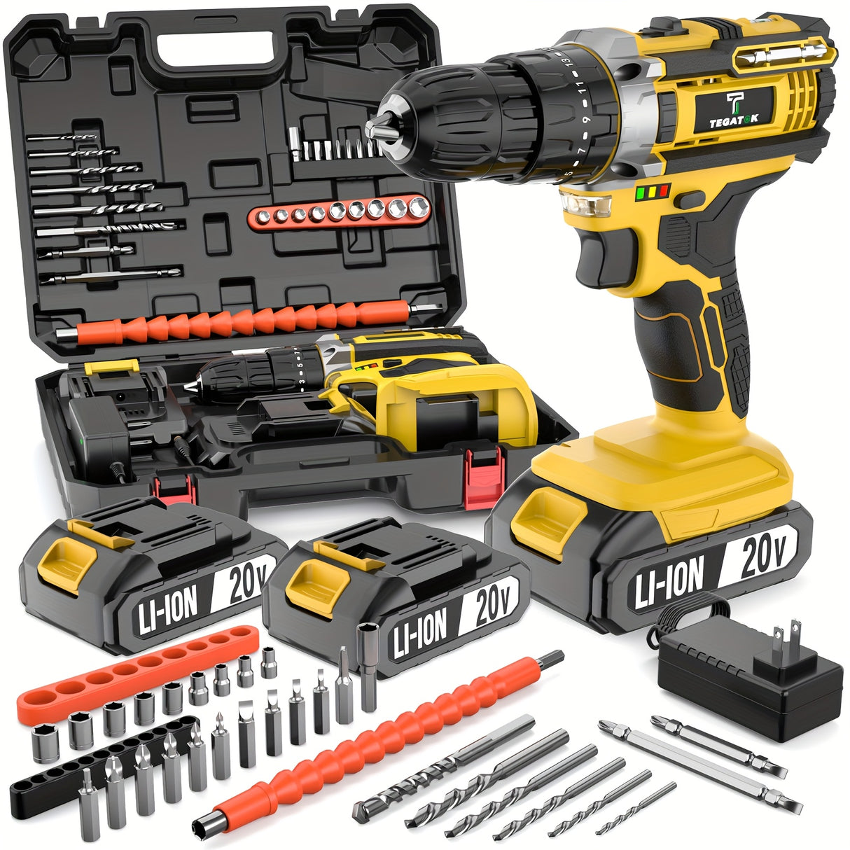 20V Cordless Drill Set, Impact Power Drill with 3/8 Inch Keyless Chuck, 18+3 Clutch Electric Drill with Work Light, Max Torque 45Nm, 2-Variable Speed & 2.0AH Batteries And Fast Charger, Bits Set An...