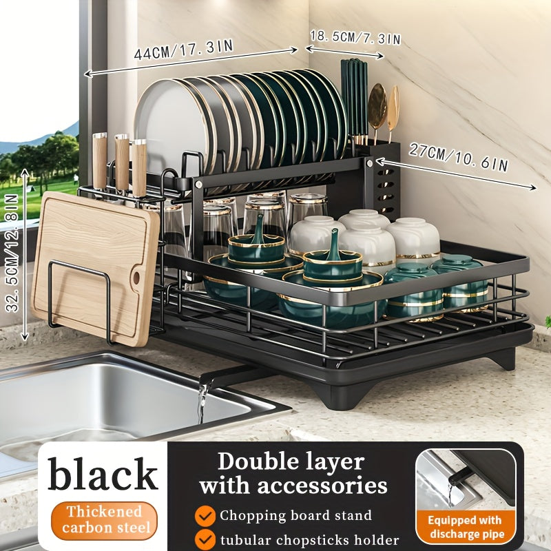 Double Tier Large Metal And Carbon Steel Cutlery Rack For Kitchen Countertop, Space Saving And Durable, With Knife, Fork And Cup Holders And Draining Board, Rustproof Large Two Tier Metal Cutlery R...