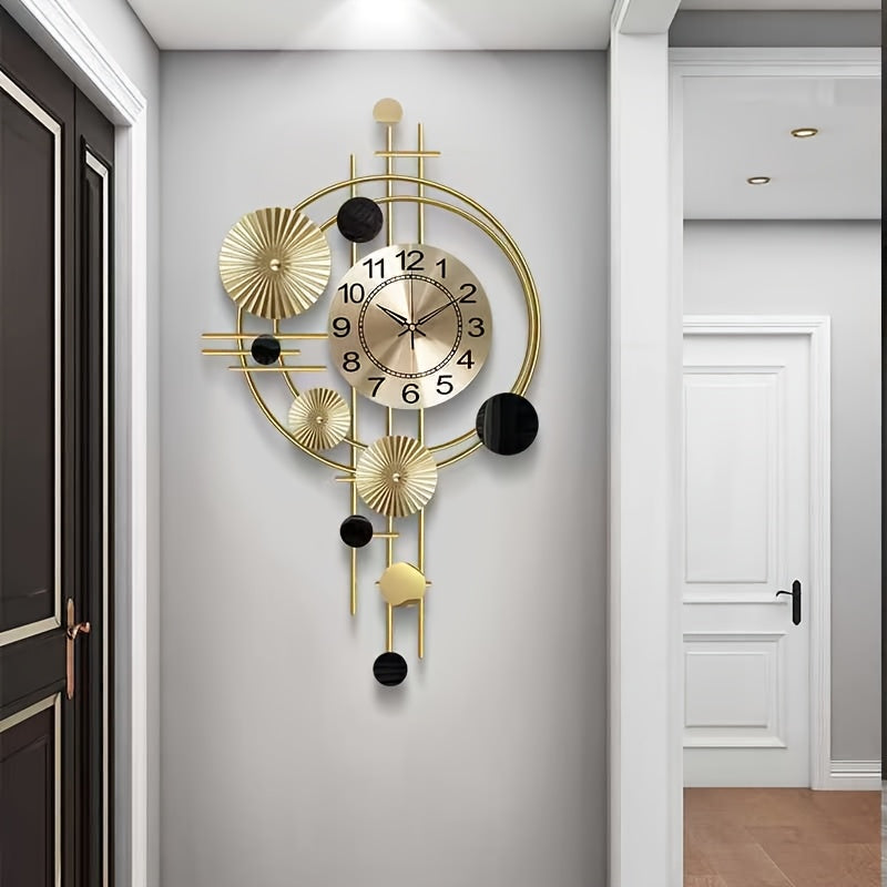 Large 3D Metal Wall Clock Decorative Artistic Clock for Living Room and Bedroom, Silent Non-Ticking 30.7 x 17.7 Inches, Modern Design with Golden Accents and Geometric Patterns, Battery Operated (AA Battery Not Included), Wall Clock Living Room