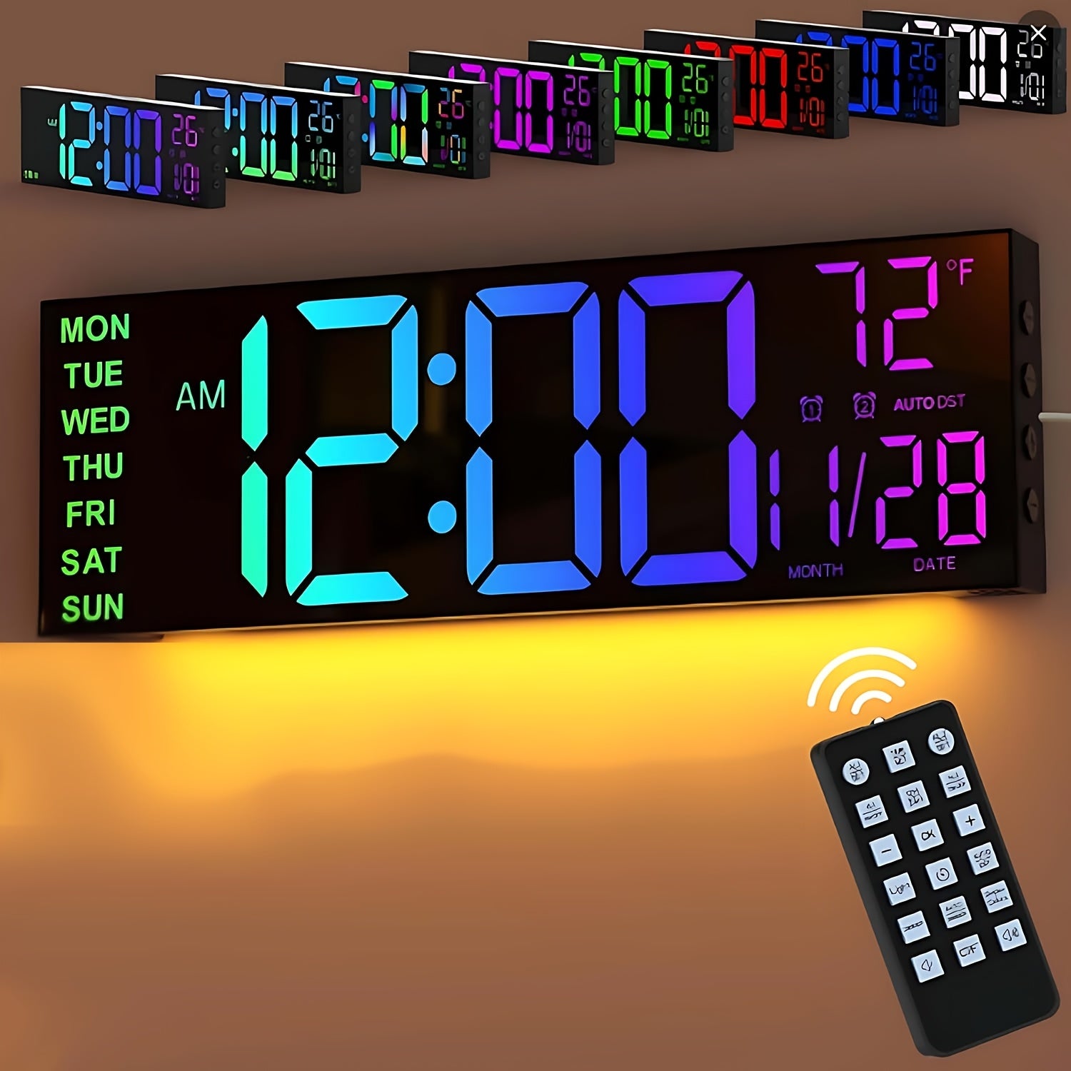 16.2'' Large Digital Wall Clock with Remote Control, Big LED/ Dual Alarm/ 8 RGB Colors/ Auto Brightness/ Date/ Auto DST/ Temperature/ Night Light Gym Clocks for Living Room Bedroom Office Wall Decor