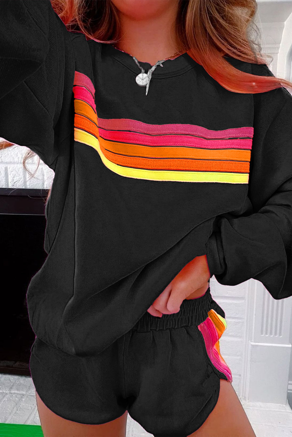 Black Striped Accent Pullover And Shorts Two Piece Casual Set