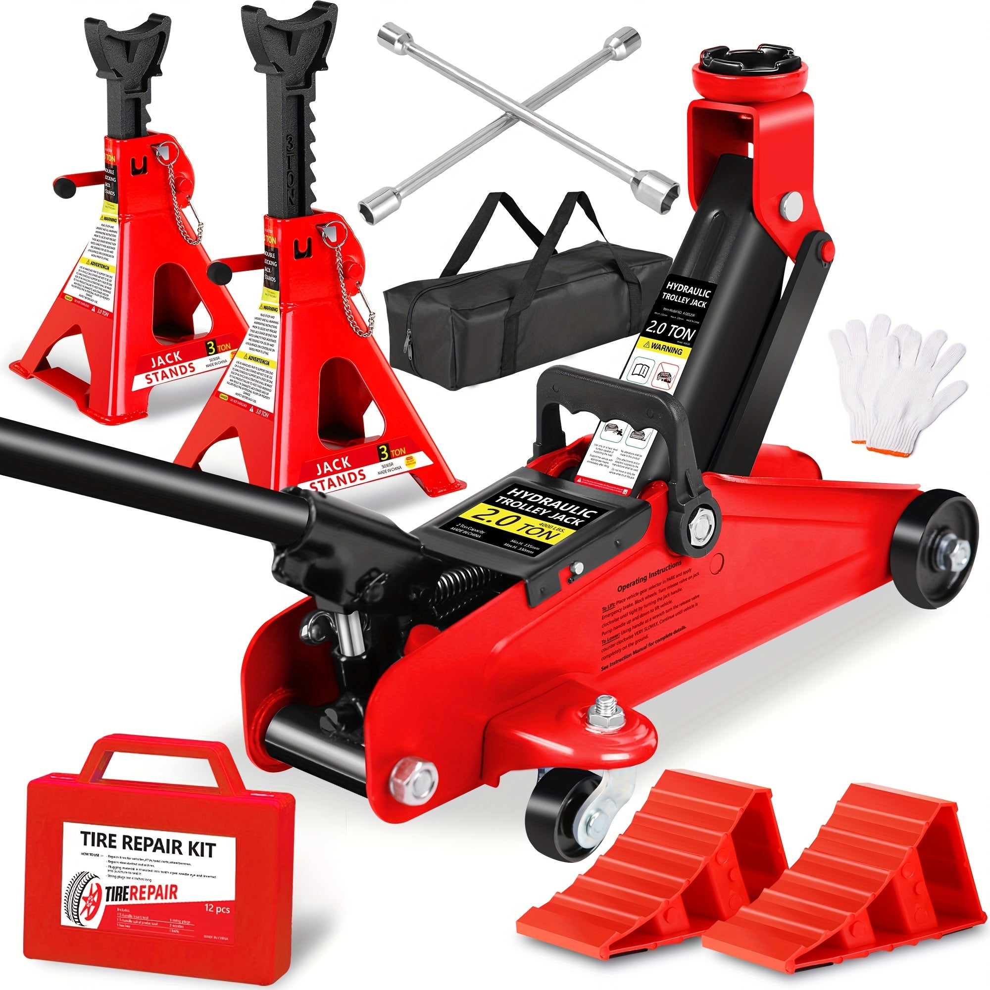 2/2.5/3 Ton Capacity Floor Car Jack Low Profile Garage Hydraulic Trolley Service Lift Floor Jack Combo with With 2 Ratchet 3 Ton Jack Stands, Tire Repair Kit, 14-inch Wheel Cross Wrench, Wheel...