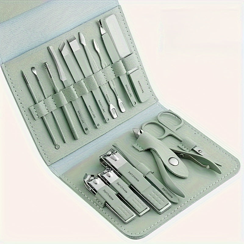 1 sets of 16 premium stainless steel manicure and pedicure kit - Modern style nail clipper kit with straight edge nail file, ear pick, scissors - professional travel beauty care kit