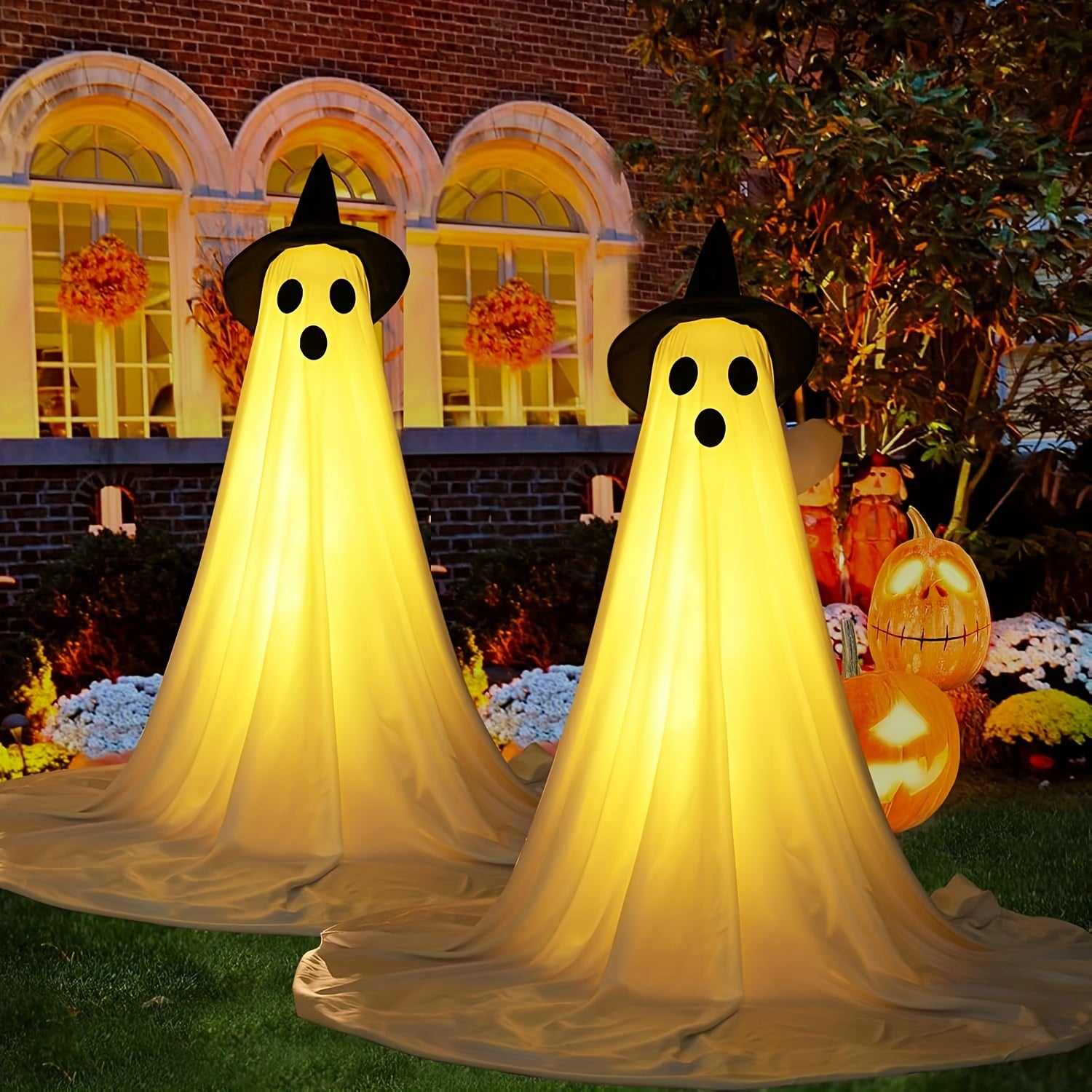 Spooky Ghost Halloween Decor 2Packs Spooky Ghost Halloween Decorations With Witch Hat & String Lights | Cute Indoor & Outdoor Decor For Front Porch, Yard, Garden, Home
