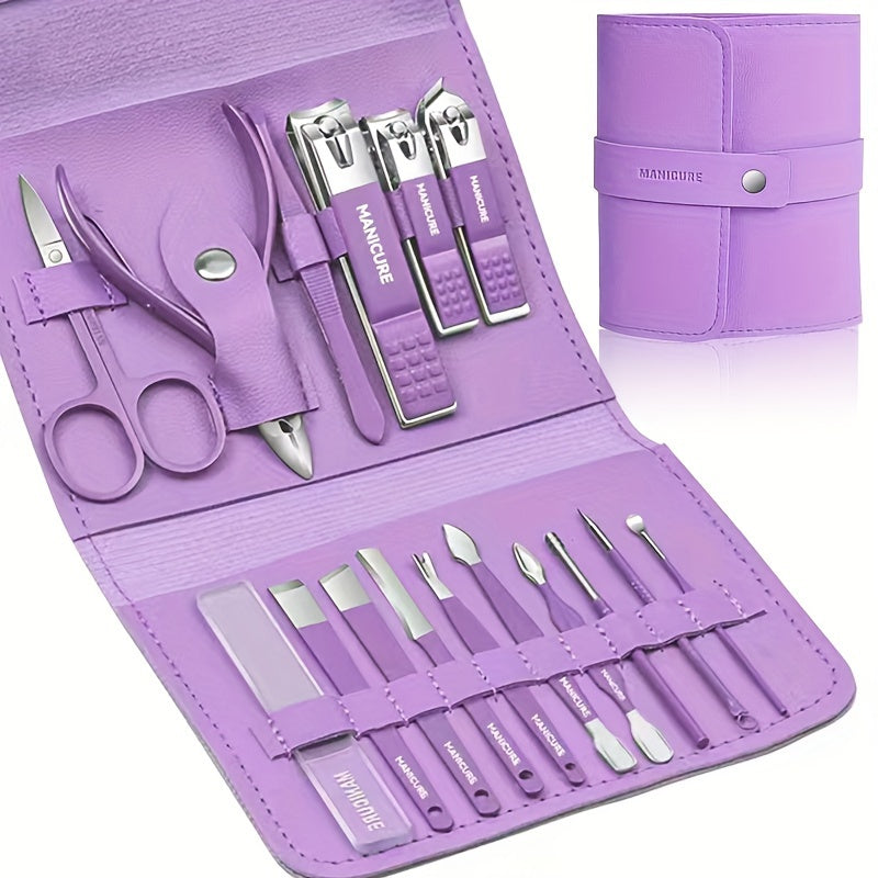 1 sets of 16 premium stainless steel manicure and pedicure kit - Modern style nail clipper kit with straight edge nail file, ear pick, scissors - professional travel beauty care kit