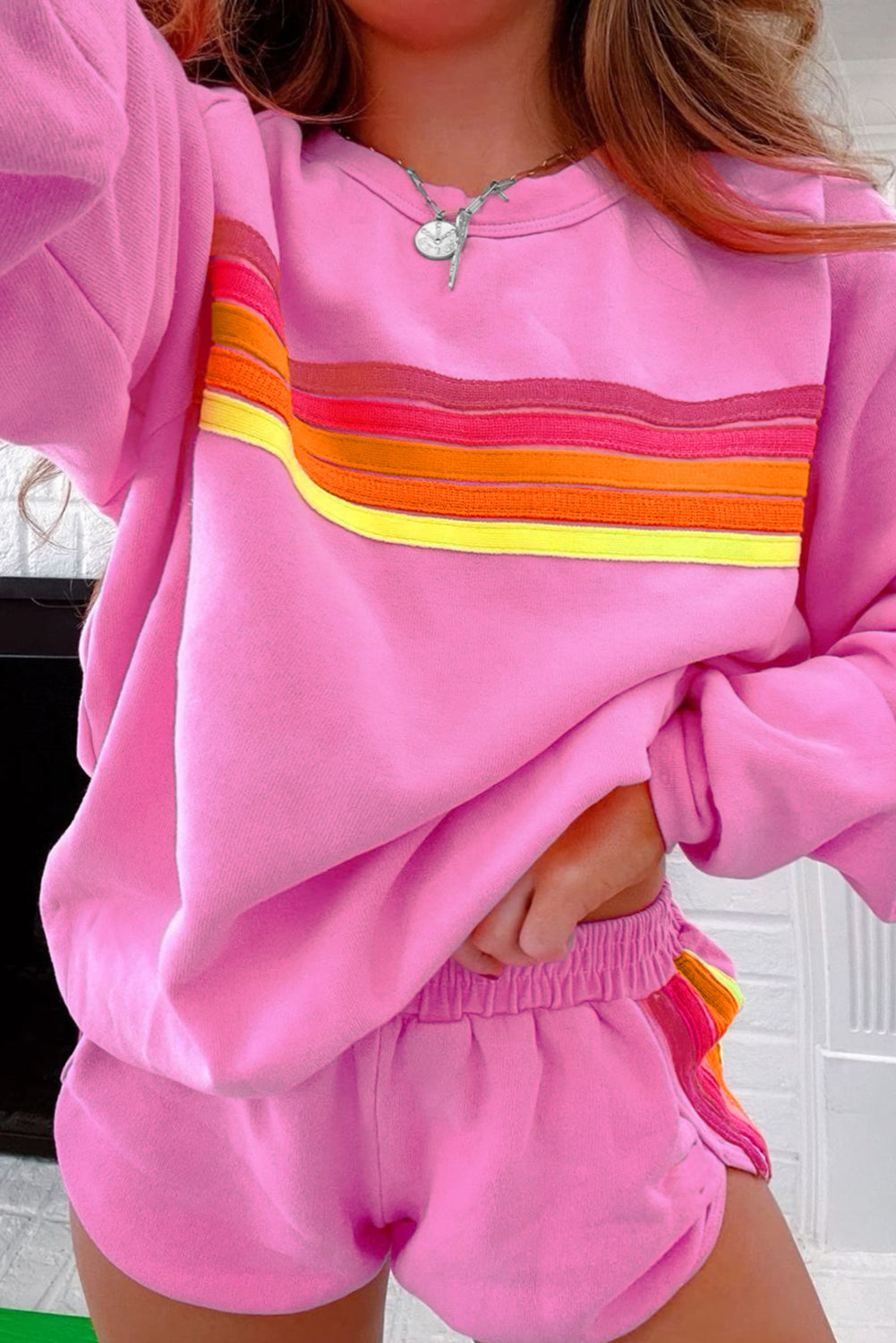 Bonbon Striped Accent Pullover And Shorts Two Piece Casual Set