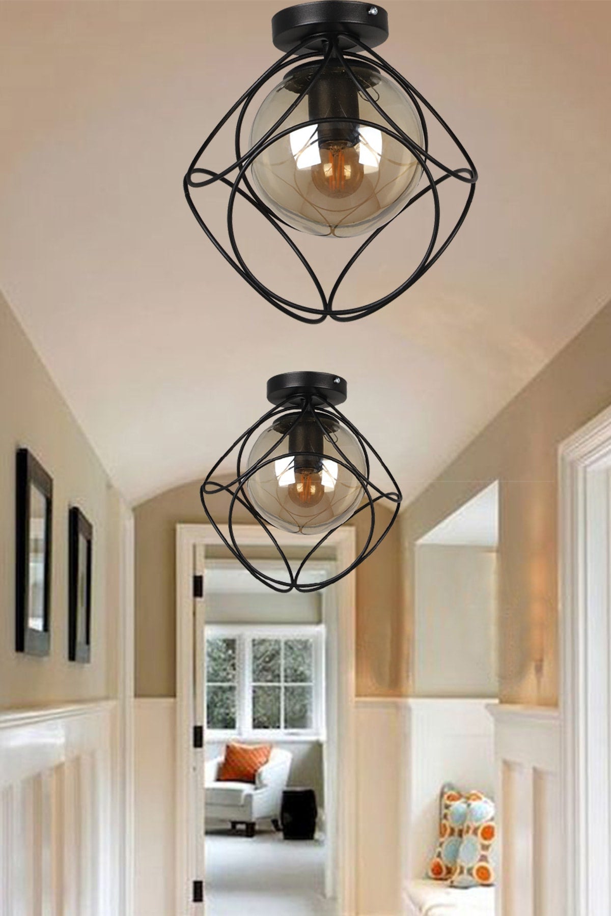 Suna Single Black-Honey Glass Ceiling Mount Chandelier