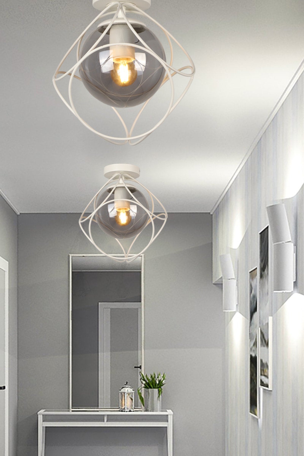 Suna Single White-Smoked Glass Ceiling Mount Chandelier