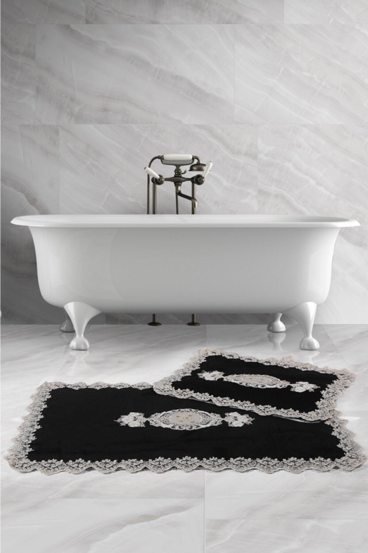 Lisa Cornered Black 2-Piece French Lace Bath Mat Set Dowry Closet Set - Swordslife