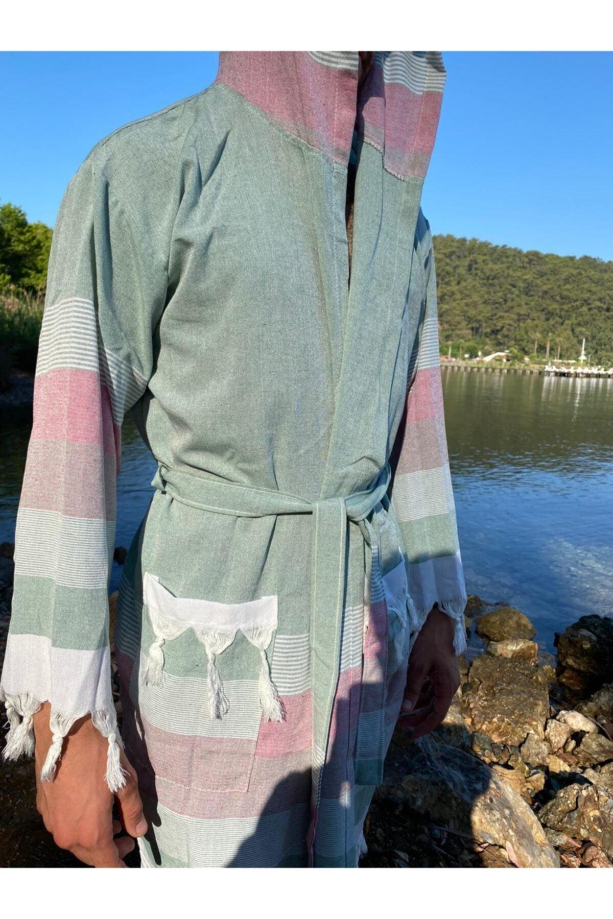 Men's Peshtemal Bathrobe - 100% Cotton; Suitable for Pool, Sea, After Shower Use - Green - Swordslife