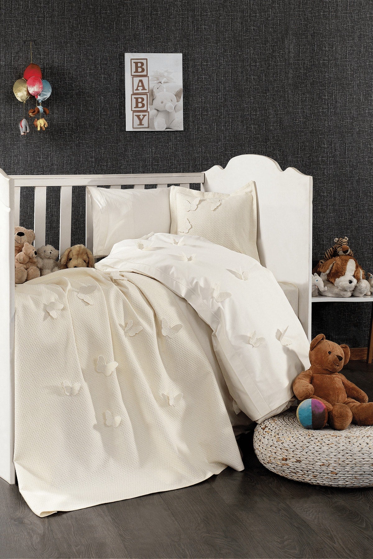 5 Pieces 100% Cotton 3D Butterfly Pattern Baby Duvet Cover Set Cream