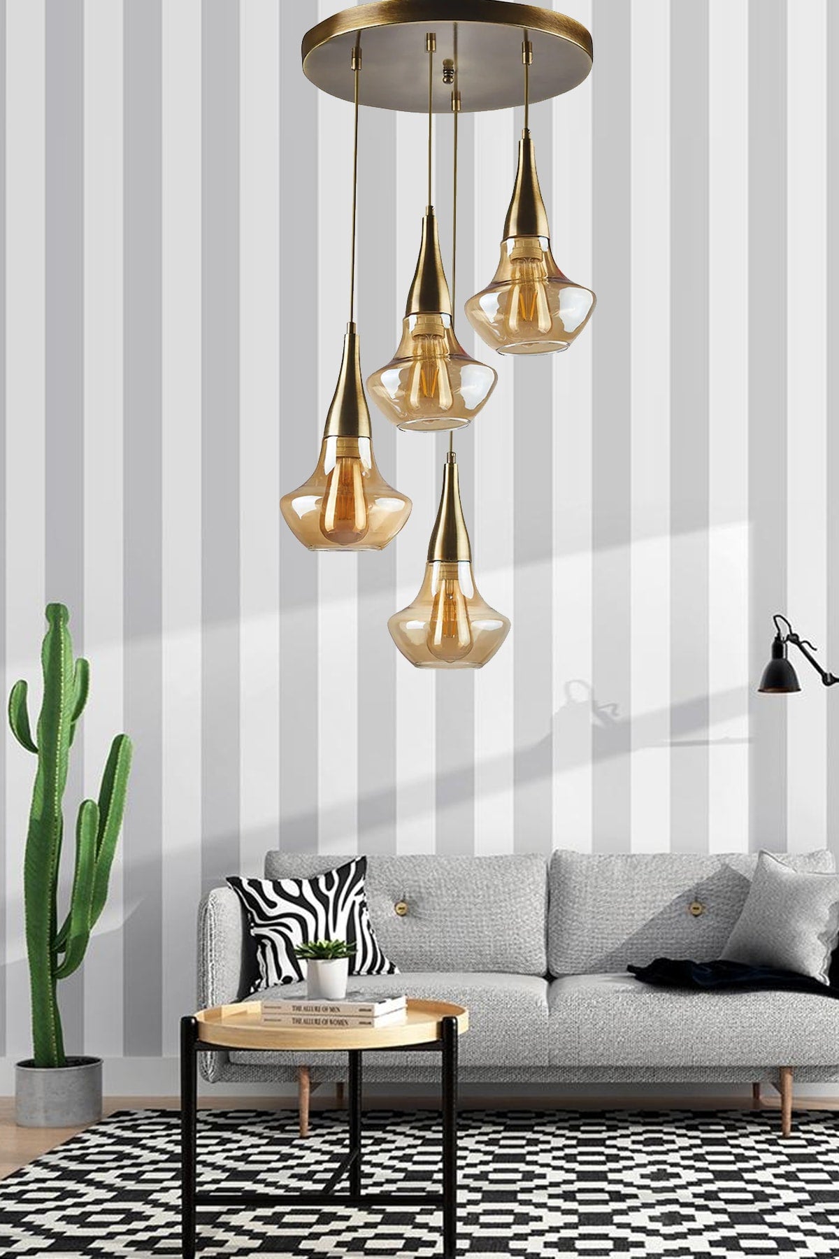 Fora Living Room - Kitchen - Bedroom Modern Retro Antique Case Honey Glass Quadruple Chandelier