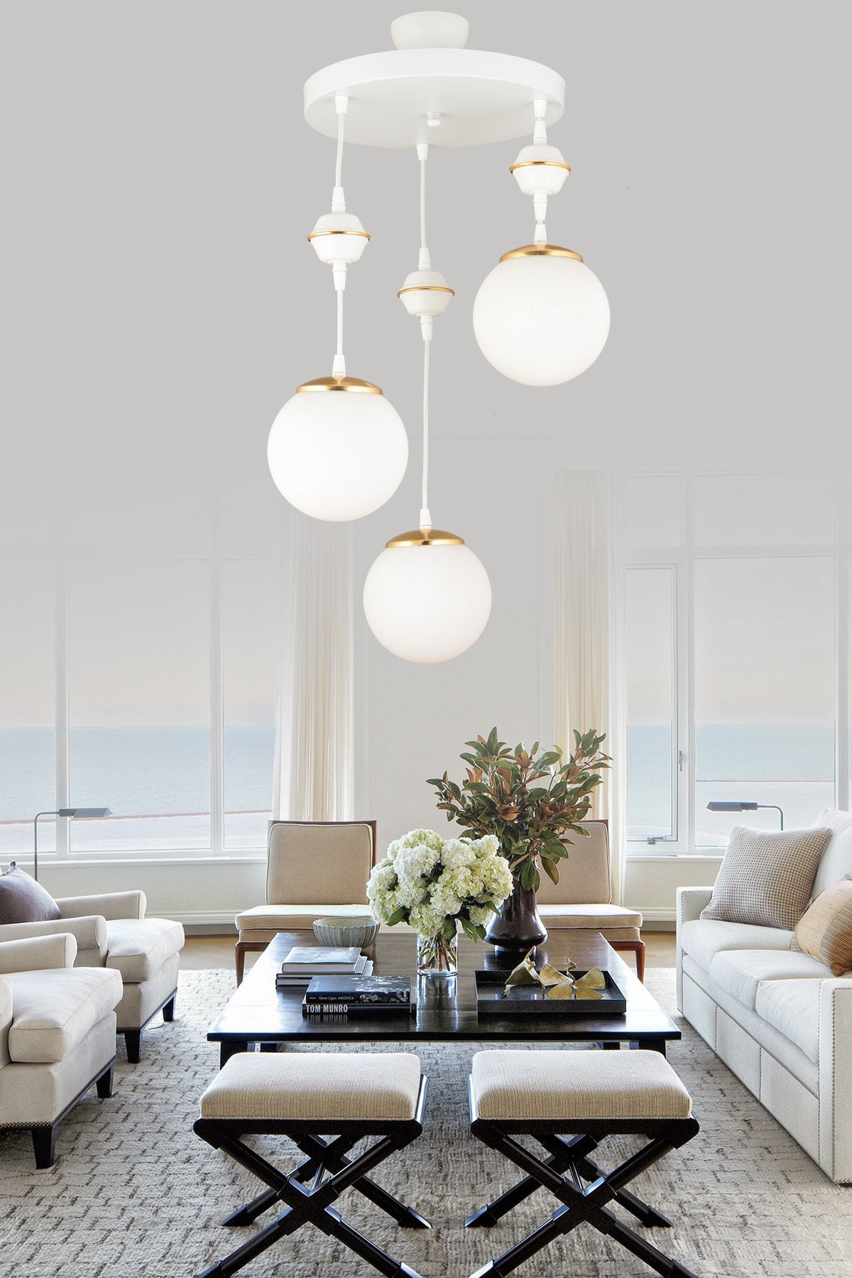 Pendant Lamp Tray White 3-Piece White Globe Glass Downward Facing Luxury Chandelier