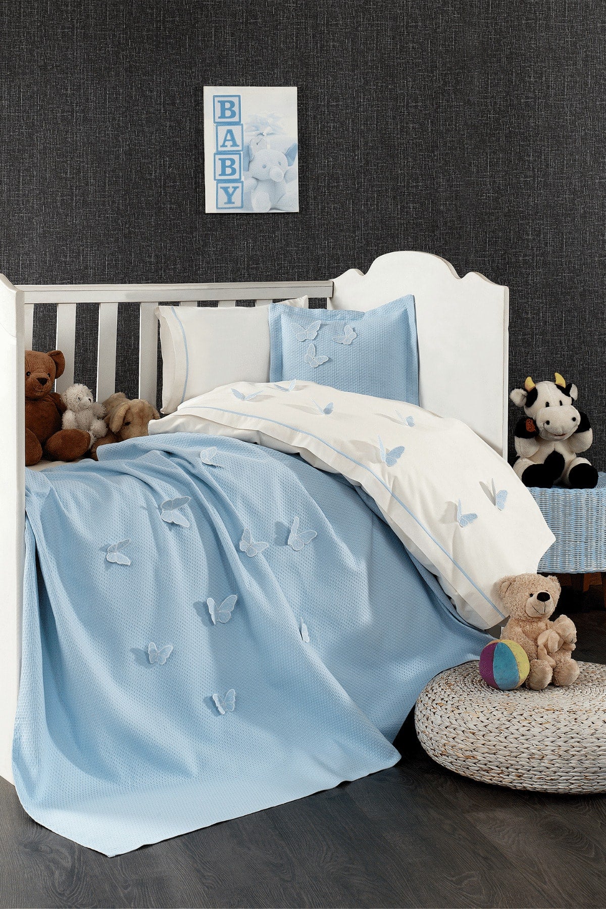 5 Pieces 100% Cotton 3D Butterfly Pattern Baby Duvet Cover Set Blue