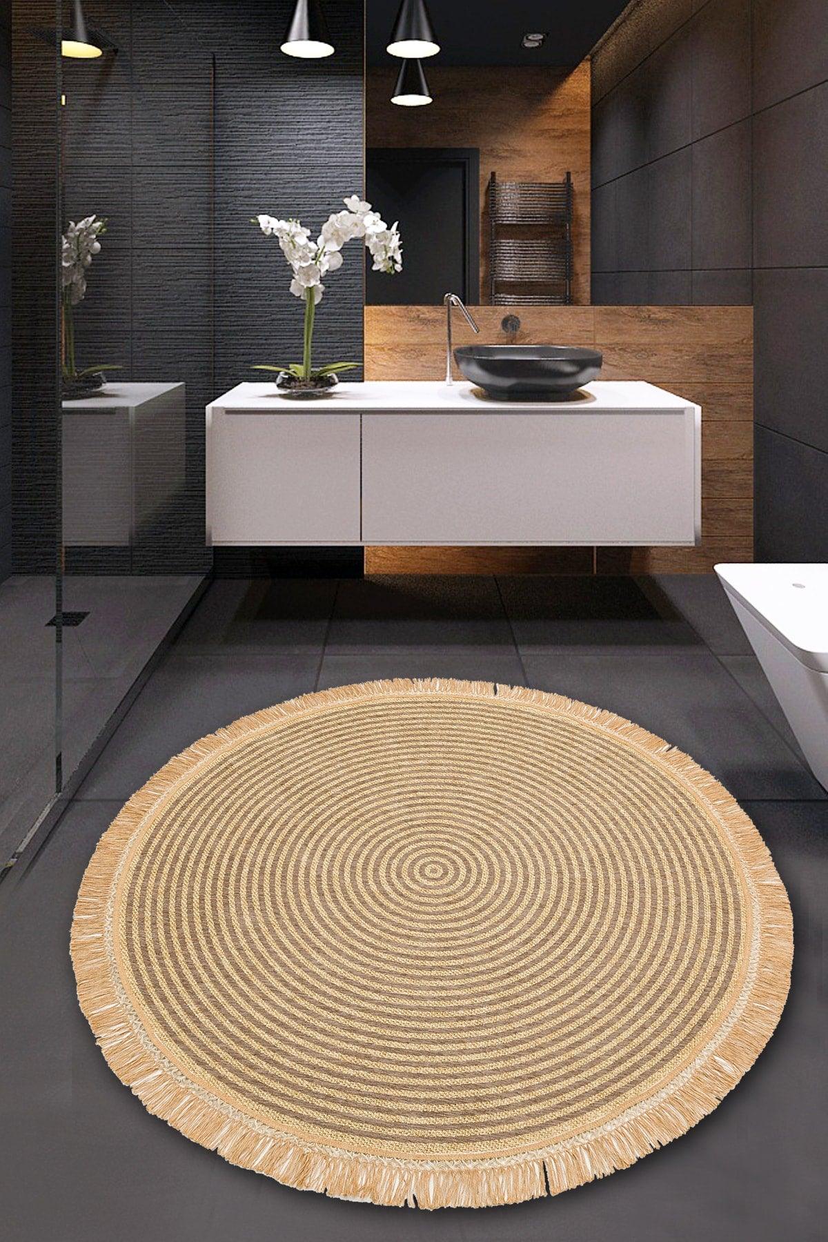 Morocco Mrc 07 Gray Straw Textured Round Bath Mat Closet Set 75 Cm Diameter - Swordslife