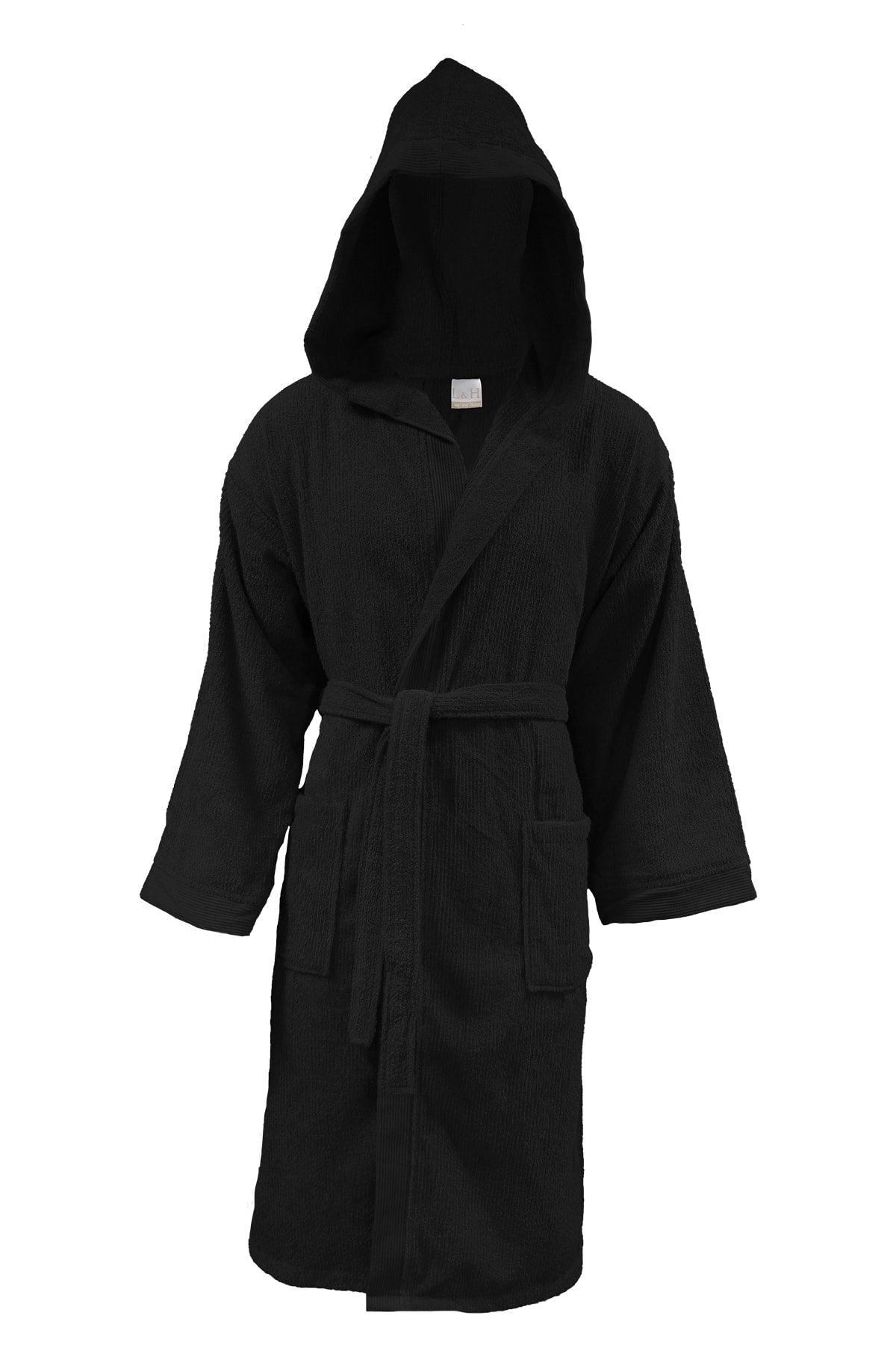 100% Cotton Unisex Striped Bordered Bathrobe Black - Swordslife