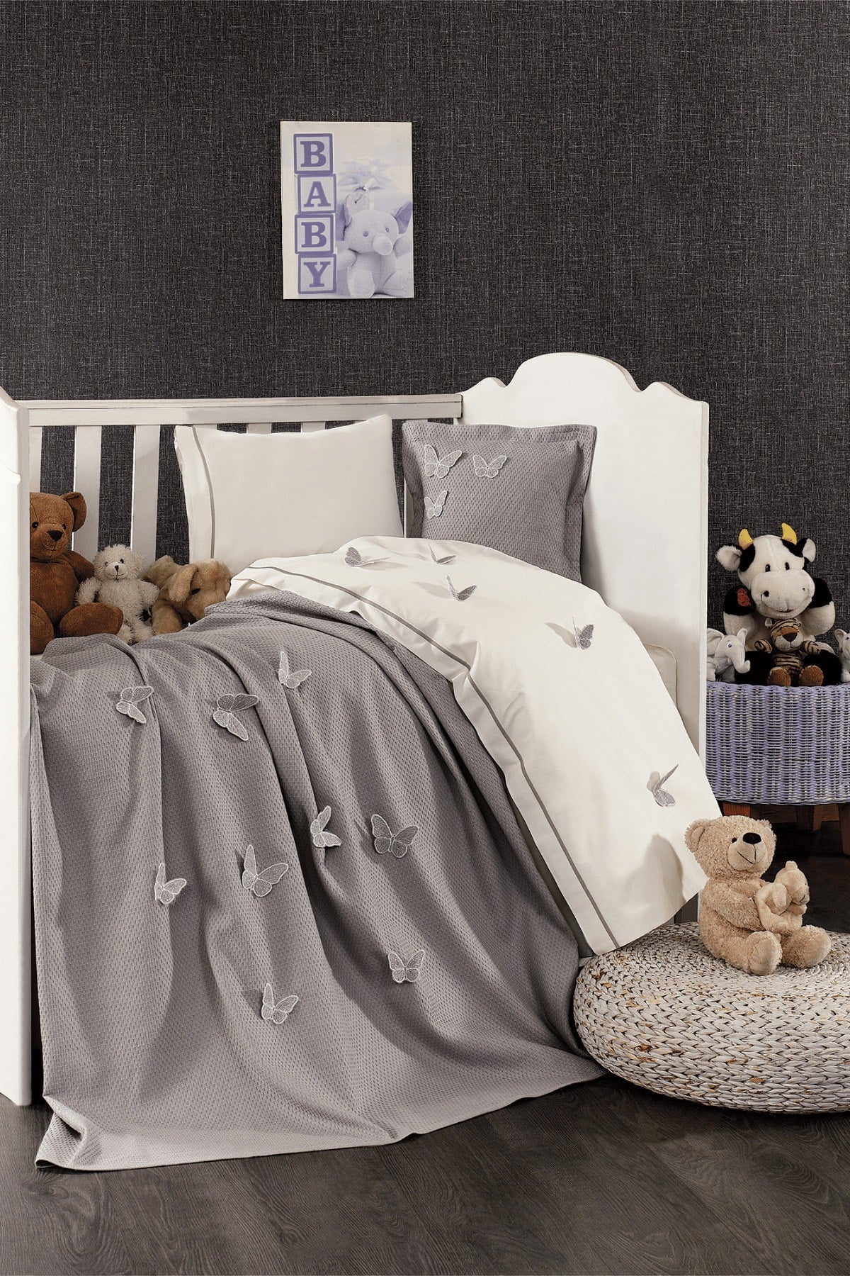 5 Pieces 100% Cotton 3D Butterfly Pattern Baby Duvet Cover Set Gray