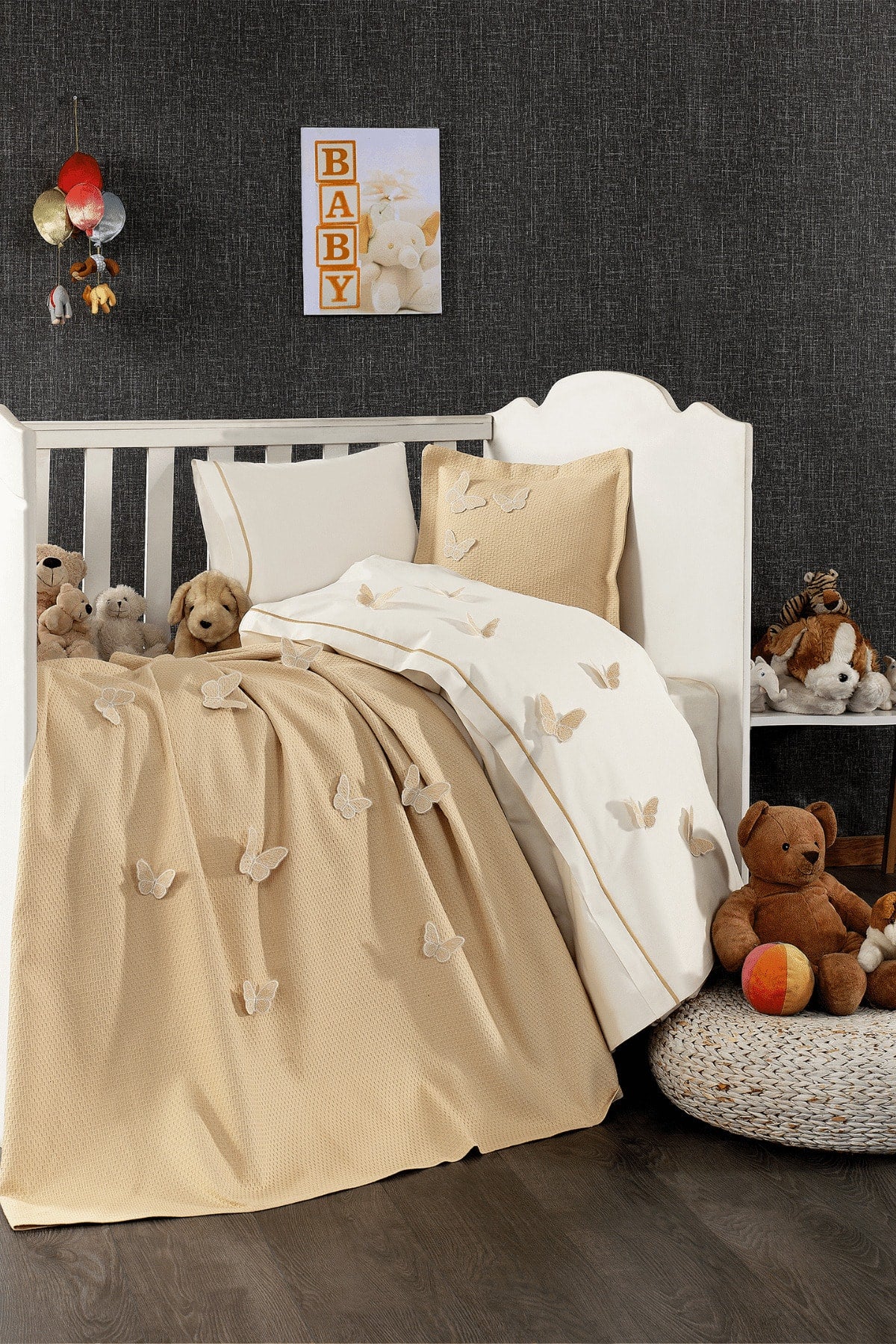 5 Pieces 100% Cotton 3D Butterfly Pattern Baby Duvet Cover Set Beige