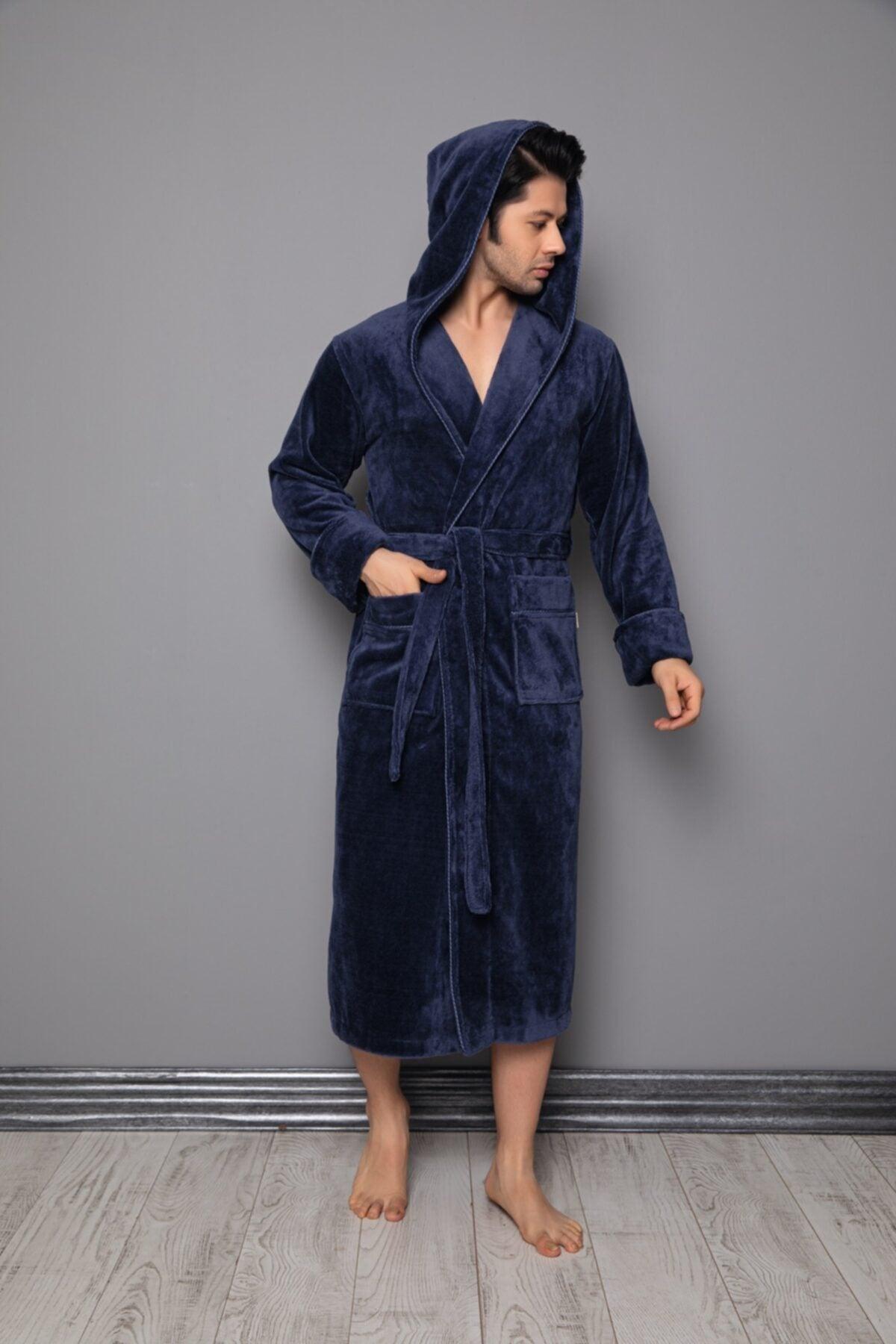 Smoked Piping Long Hooded Bamboo Cotton Men's Bathrobe - Swordslife