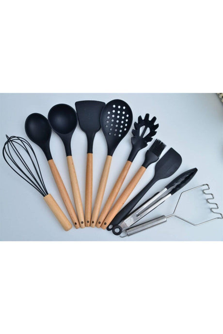 10 Pieces Black Silicone Serving Set with Bamboo Handle