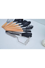 10 Pieces Black Silicone Serving Set with Bamboo Handle