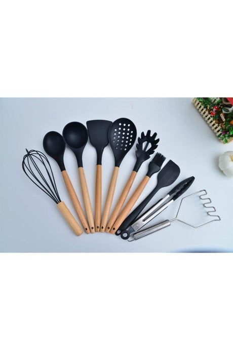 10 Pieces Black Silicone Serving Set with Bamboo Handle