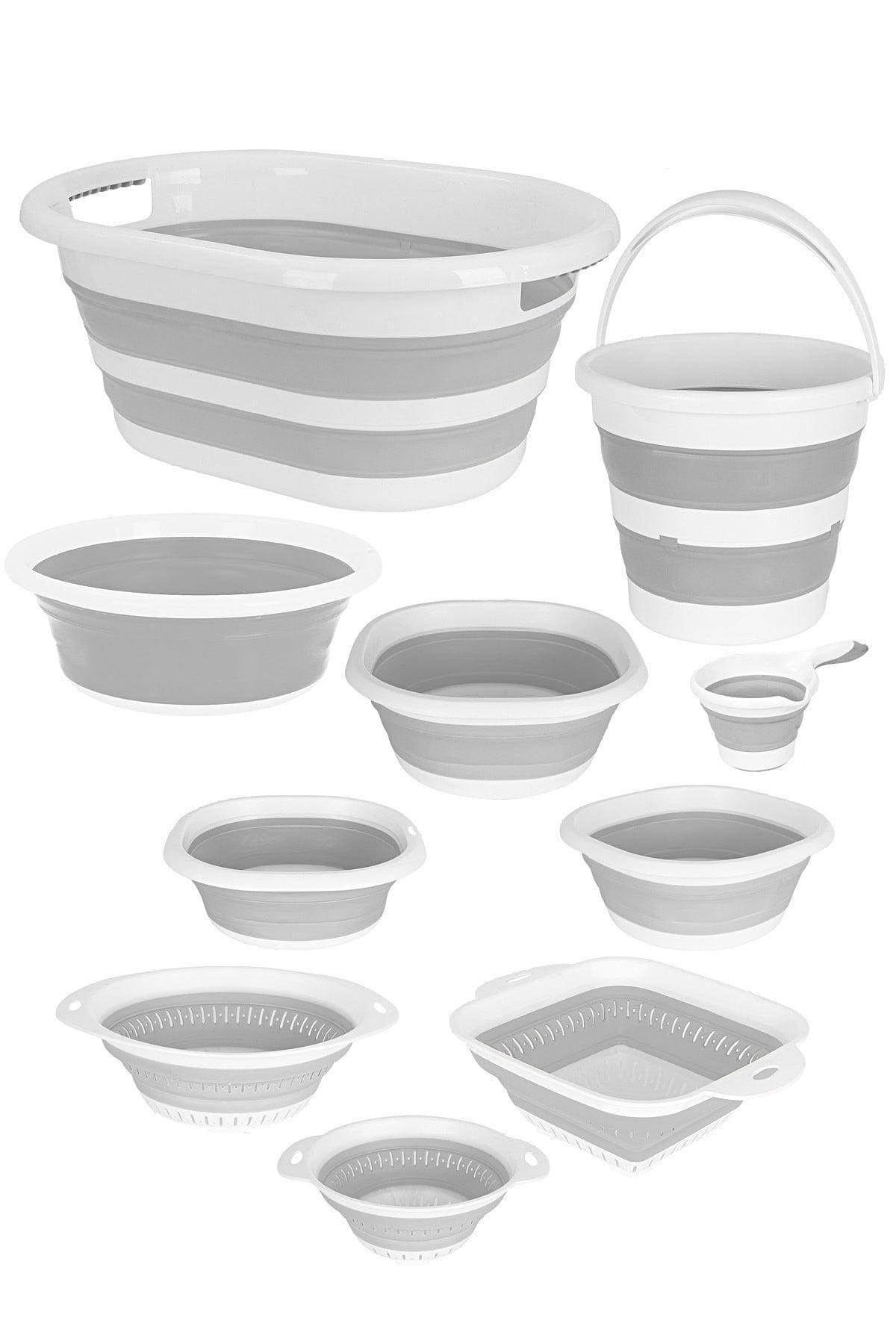 10 Pieces Collapsible Mega Set - 27 Lt Folding Basket - Water Bucket - Koçero - 3x Strainer - 4x Badya - Swordslife