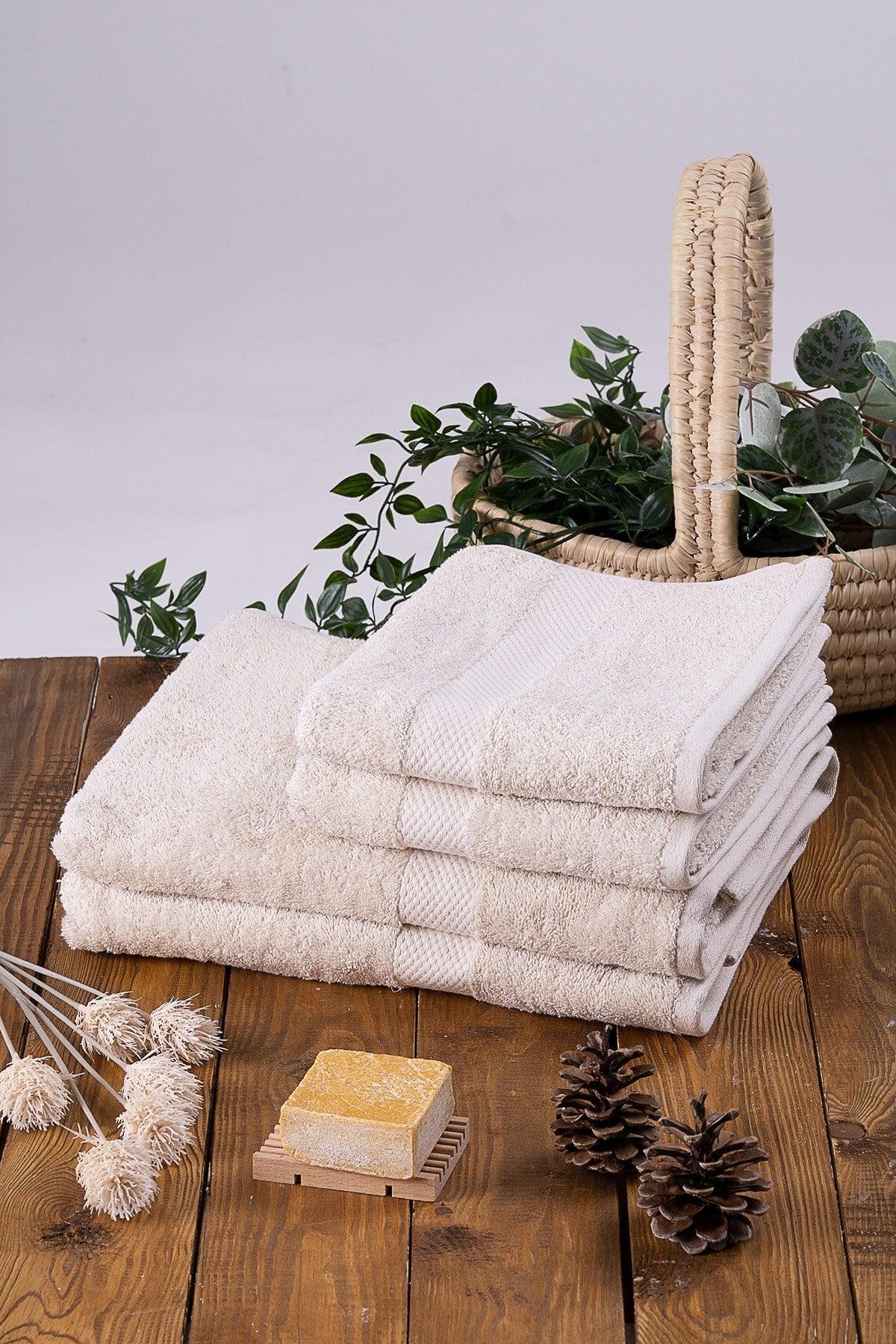 100% Cotton Beige Set of 4 2 Hand, Face Towel And 2 Bath Towel - 2 pcs 70x130 2 pcs 50x80 - Swordslife